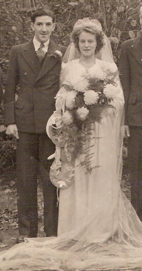 Edna May Bailey & James Benjamin Bailey, the bride and groom on their wedding day 18th October 1946, Alum Rock, Birmingham, England