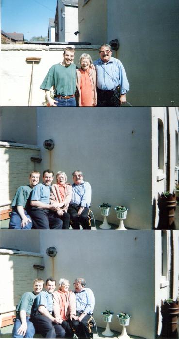 Marcel Leon Bailey, James Benjamin Bailey 1926 - 1999, and Edna May Bailey 1927 - 2010, with Ian Paul Bailey in yard at Harris Stree Fleetwood